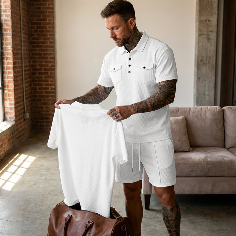 👕🩳 Conjunto de 2 piezas de camiseta de manga corta y pantalones cortos con cordón para hombre: informal, cómodo y perfecto para el verano ⚡✨