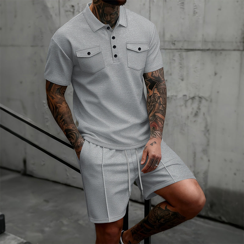 👕🩳 Conjunto de 2 piezas de camiseta de manga corta y pantalones cortos con cordón para hombre: informal, cómodo y perfecto para el verano ⚡✨