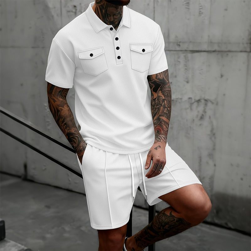 👕🩳 Conjunto de 2 piezas de camiseta de manga corta y pantalones cortos con cordón para hombre: informal, cómodo y perfecto para el verano ⚡✨
