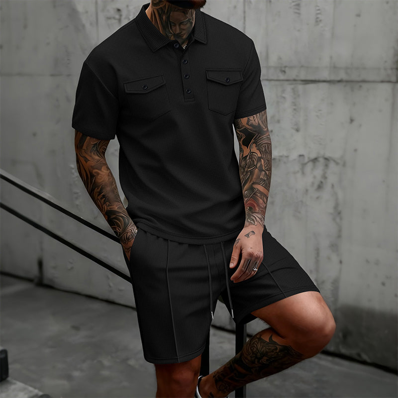 👕🩳 Conjunto de 2 piezas de camiseta de manga corta y pantalones cortos con cordón para hombre: informal, cómodo y perfecto para el verano ⚡✨