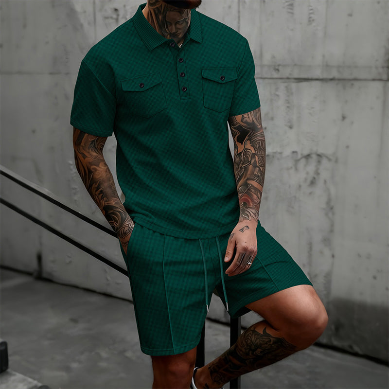 👕🩳 Conjunto de 2 piezas de camiseta de manga corta y pantalones cortos con cordón para hombre: informal, cómodo y perfecto para el verano ⚡✨