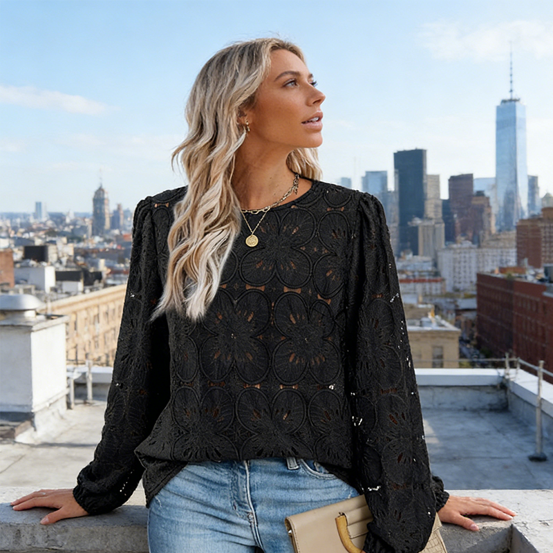 ✨ Elegante top de manga larga con cuello redondo y abertura para mujer: elegante, cómodo y elegante para cualquier ocasión 👚💖