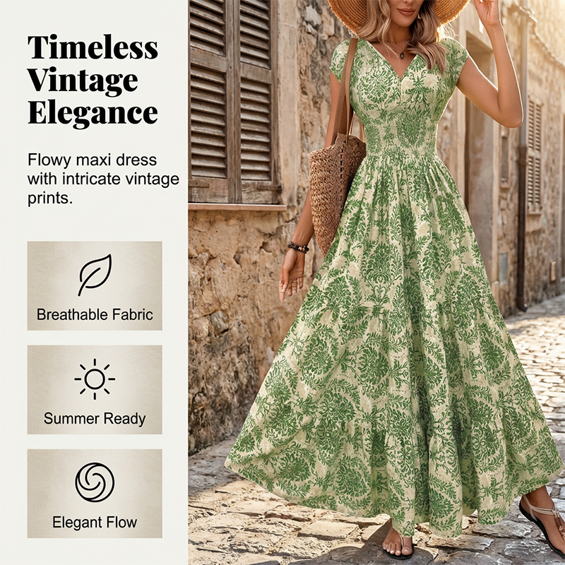 🎁Nueva llegada 50%💥de descuento para mujer vestido largo con escote en V con estampado floral y smock