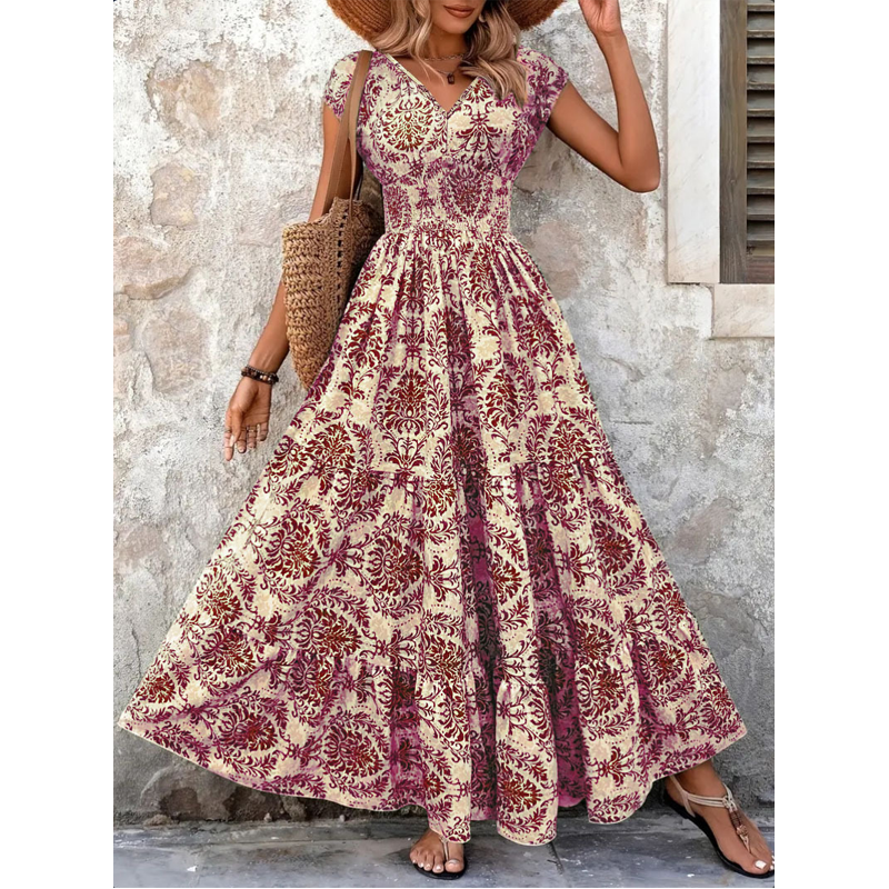 🎁Nueva llegada 50%💥de descuento para mujer vestido largo con escote en V con estampado floral y smock