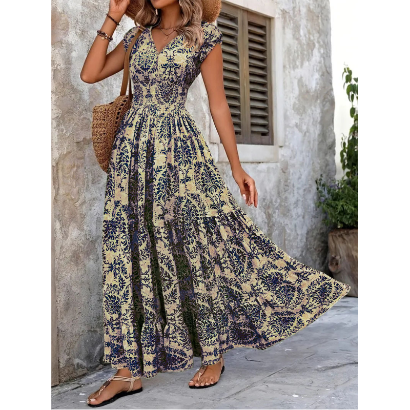 🎁Nueva llegada 50%💥de descuento para mujer vestido largo con escote en V con estampado floral y smock