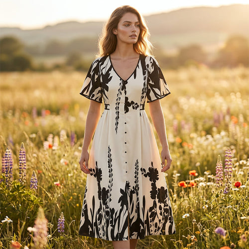 ⏰ ¡Oferta Limitada 50% OFF! 👗 Vestido Midi Elegante con Escote en V y Estampado Botánico – Comodidad y Estilo Natural 🌿💃