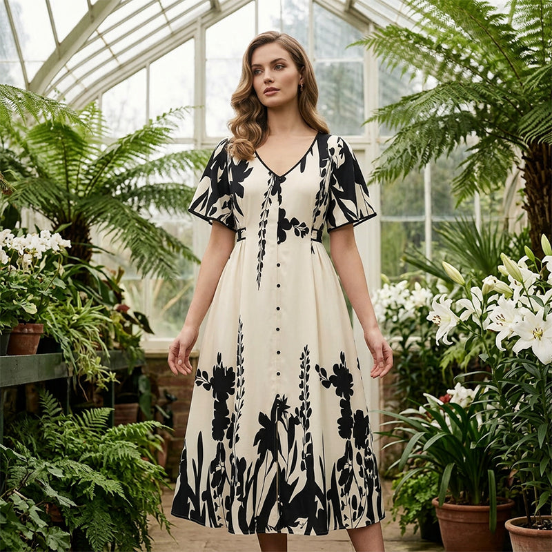 ⏰ ¡Oferta Limitada 50% OFF! 👗 Vestido Midi Elegante con Escote en V y Estampado Botánico – Comodidad y Estilo Natural 🌿💃