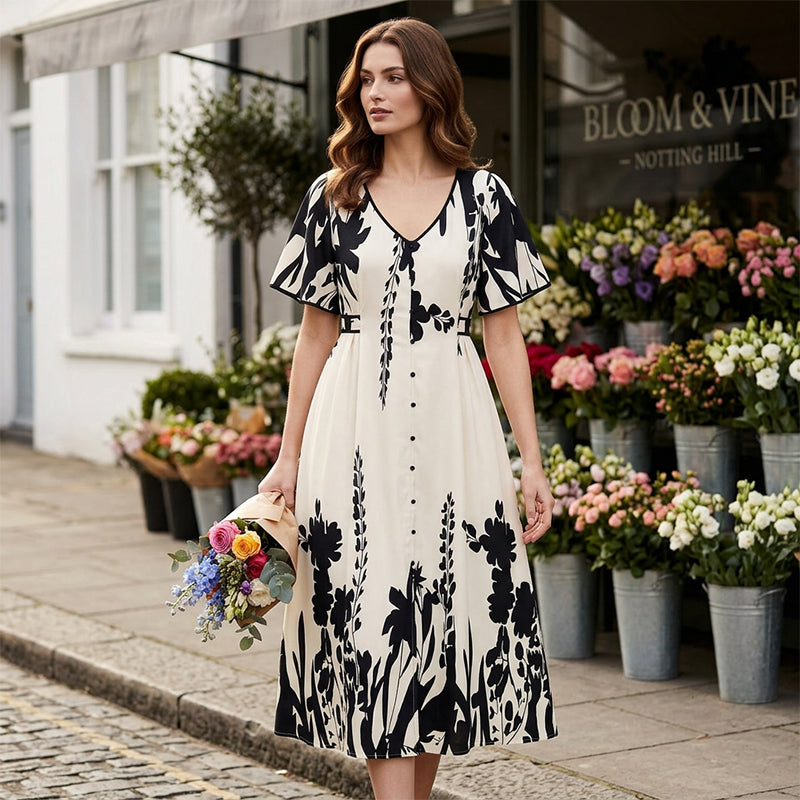 ⏰ ¡Oferta Limitada 50% OFF! 👗 Vestido Midi Elegante con Escote en V y Estampado Botánico – Comodidad y Estilo Natural 🌿💃