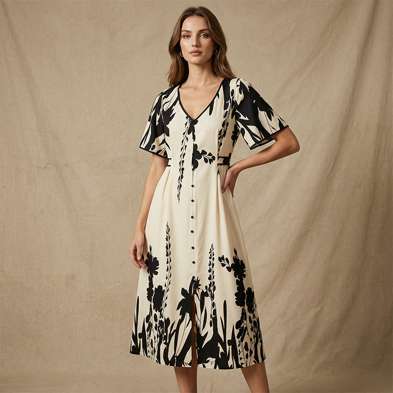 ⏰ ¡Oferta Limitada 50% OFF! 👗 Vestido Midi Elegante con Escote en V y Estampado Botánico – Comodidad y Estilo Natural 🌿💃