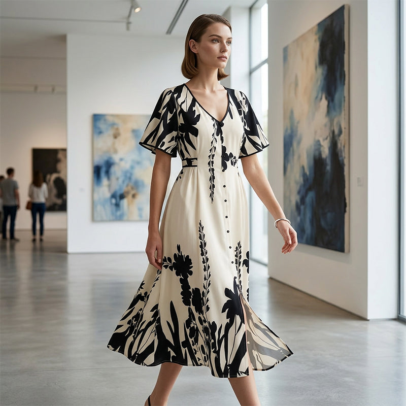⏰ ¡Oferta Limitada 50% OFF! 👗 Vestido Midi Elegante con Escote en V y Estampado Botánico – Comodidad y Estilo Natural 🌿💃
