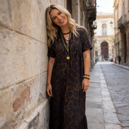 ⏰ ¡Oferta Limitada 50% OFF! 👗 Vestido Largo de Mujer con Escote en V y Estampado de Leopardo – Elegancia y Comodidad Todo el Día 🐆✨