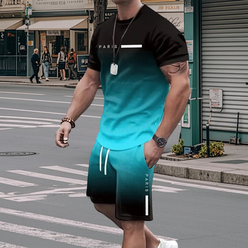⏰🔥 ¡50% DE DESCUENTO POR TIEMPO LIMITADO! 😎 Conjunto de Verano para Hombre – Camiseta y Shorts con Diseño Degradado ✨☀️