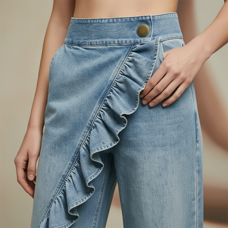 👖✨ ¡OFERTA 50% OFF! Jeans de Pierna Ancha con Volante – Estilo Moderno y Favorecedor