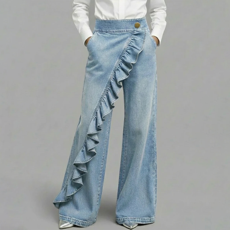 👖✨ ¡OFERTA 50% OFF! Jeans de Pierna Ancha con Volante – Estilo Moderno y Favorecedor