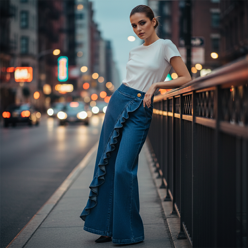 👖✨ ¡OFERTA 50% OFF! Jeans de Pierna Ancha con Volante – Estilo Moderno y Favorecedor