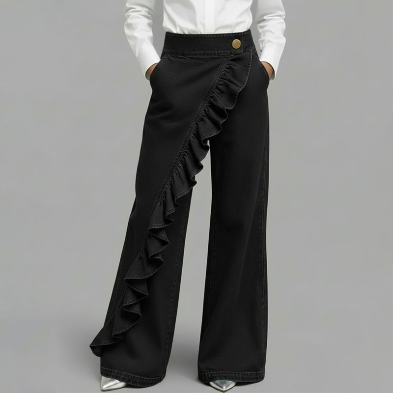 👖✨ ¡OFERTA 50% OFF! Jeans de Pierna Ancha con Volante – Estilo Moderno y Favorecedor