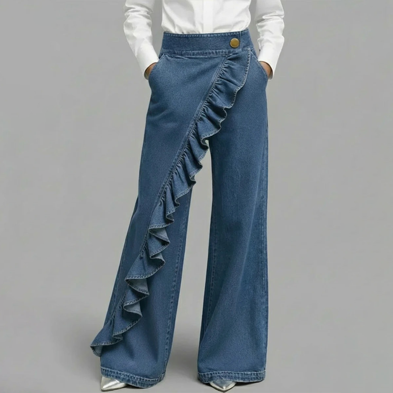 👖✨ ¡OFERTA 50% OFF! Jeans de Pierna Ancha con Volante – Estilo Moderno y Favorecedor