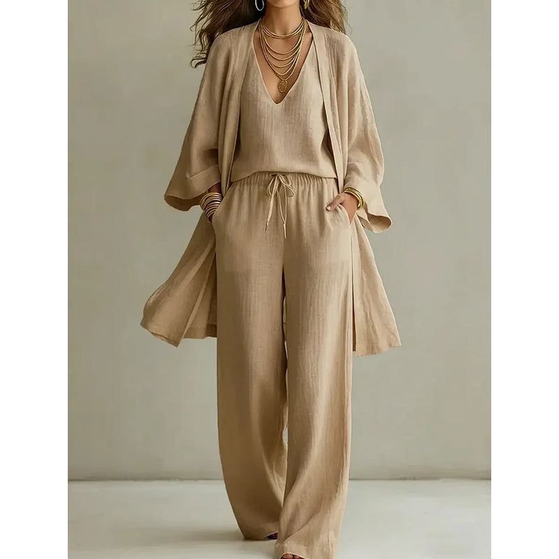 ⏰🔥 ¡50% DE DESCUENTO POR TIEMPO LIMITADO! 🧥👚👖 Conjunto de 3 Piezas – Pantalón de Pierna Ancha Elegante, Top y Cárdigan para un Look Sofisticado ✨💖