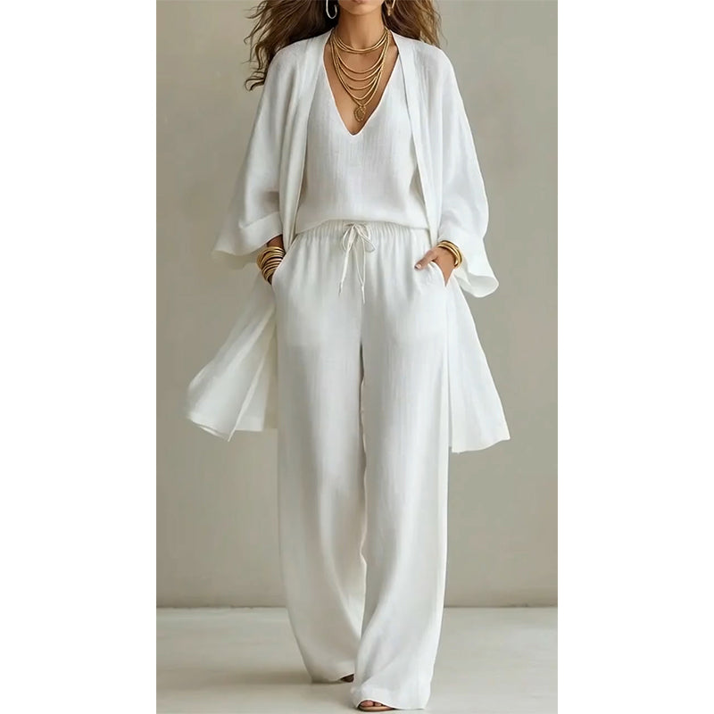 ⏰🔥 ¡50% DE DESCUENTO POR TIEMPO LIMITADO! 🧥👚👖 Conjunto de 3 Piezas – Pantalón de Pierna Ancha Elegante, Top y Cárdigan para un Look Sofisticado ✨💖