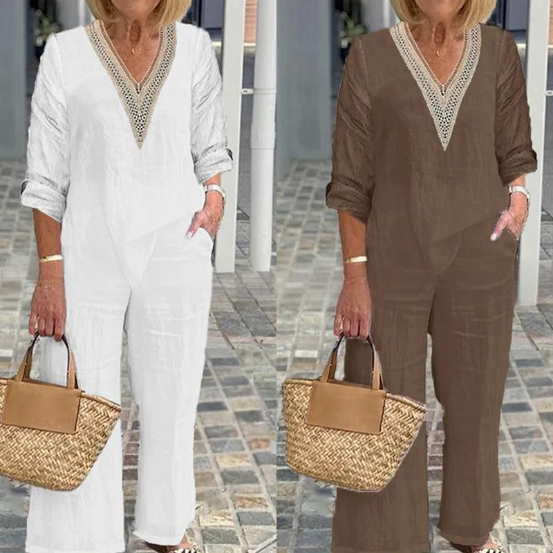 ⏰🔥 ¡50% DE DESCUENTO POR TIEMPO LIMITADO! 👚👖 Top de Cuello en V y Pantalón de Pierna Ancha – Cómodo, Chic y Perfecto para Mujer ✨💖