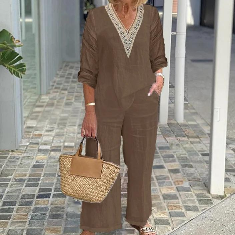 ⏰🔥 ¡50% DE DESCUENTO POR TIEMPO LIMITADO! 👚👖 Top de Cuello en V y Pantalón de Pierna Ancha – Cómodo, Chic y Perfecto para Mujer ✨💖