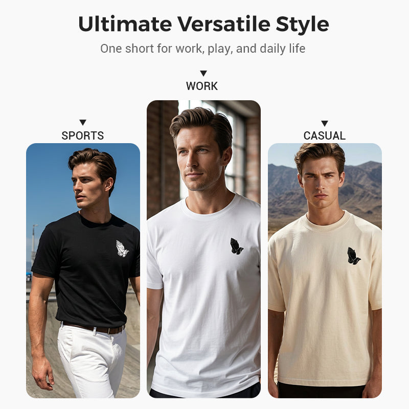 ¡OFERTA POR TIEMPO LIMITADO 50% DE DESCUENTO! 👕 Camiseta de Hombre 'Manos en Oración' – 100% Algodón, Estampado Simbólico ✨
