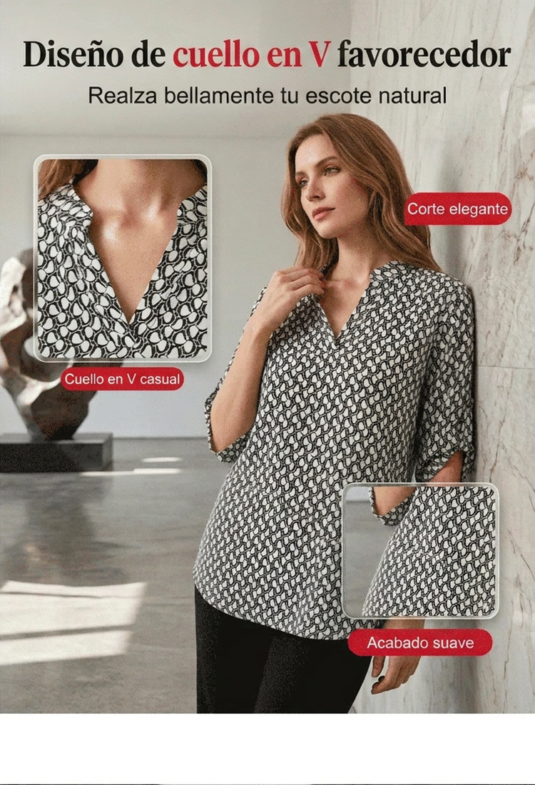 ⏰🔥 ¡50% DE DESCUENTO POR TIEMPO LIMITADO! 👚✨ Blusa de Mujer con Cuello en V – Estilo Geométrico, Cómoda y Elegante 💖🌿