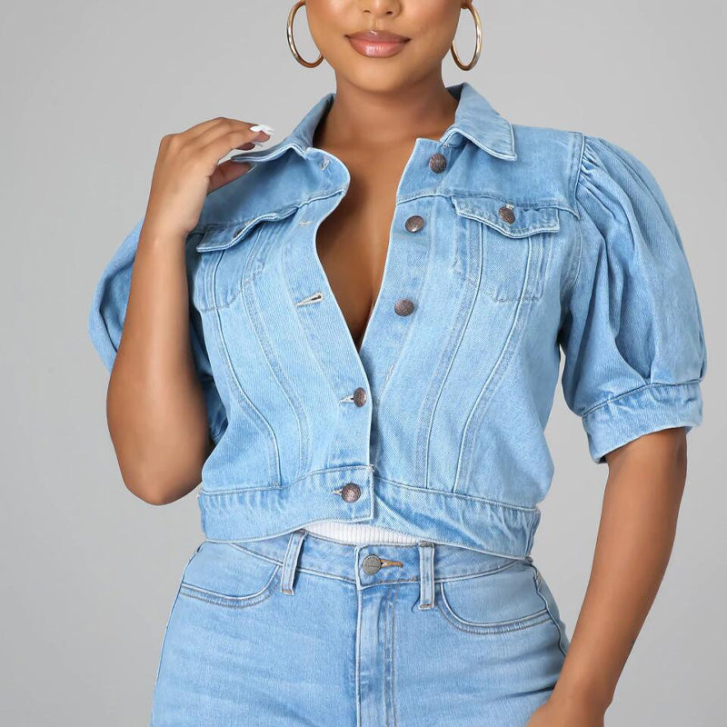 ⏰🔥 ¡50% DE DESCUENTO POR TIEMPO LIMITADO! 👖✨ Chaqueta de Denim de Manga Corta – Estilo Puff, Moderna y Cómoda 💖🌿
