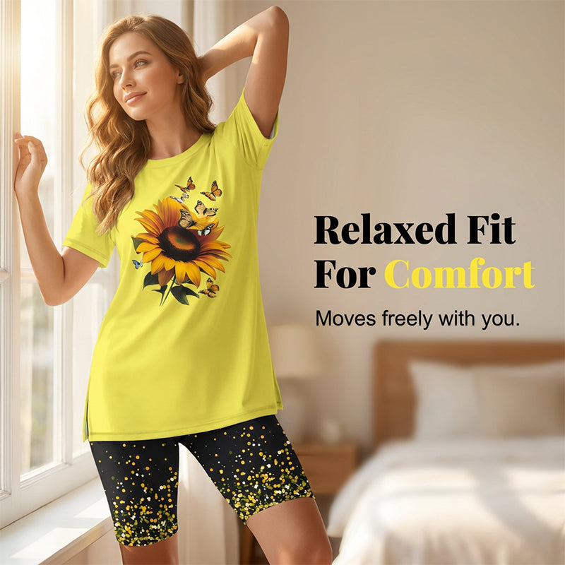 🌈✨ ¡OFERTA RELÁMPAGO CON UN 50% DE DESCUENTO! 👚 Conjunto de túnica y shorts estampados para mujer: corte relajado, aberturas laterales y estampados llamativos por toda la prenda 🩳