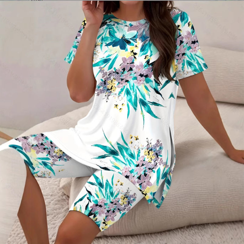 🌈✨ ¡OFERTA RELÁMPAGO CON UN 50% DE DESCUENTO! 👚 Conjunto de túnica y shorts estampados para mujer: corte relajado, aberturas laterales y estampados llamativos por toda la prenda 🩳