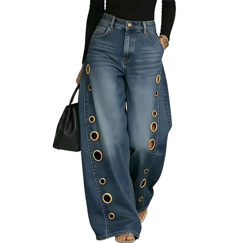 💥 ¡50% DE DESCUENTO HOY! Vaqueros Anchos de Mujer con Estilo Urbano y Detalles Metálicos 👖✨