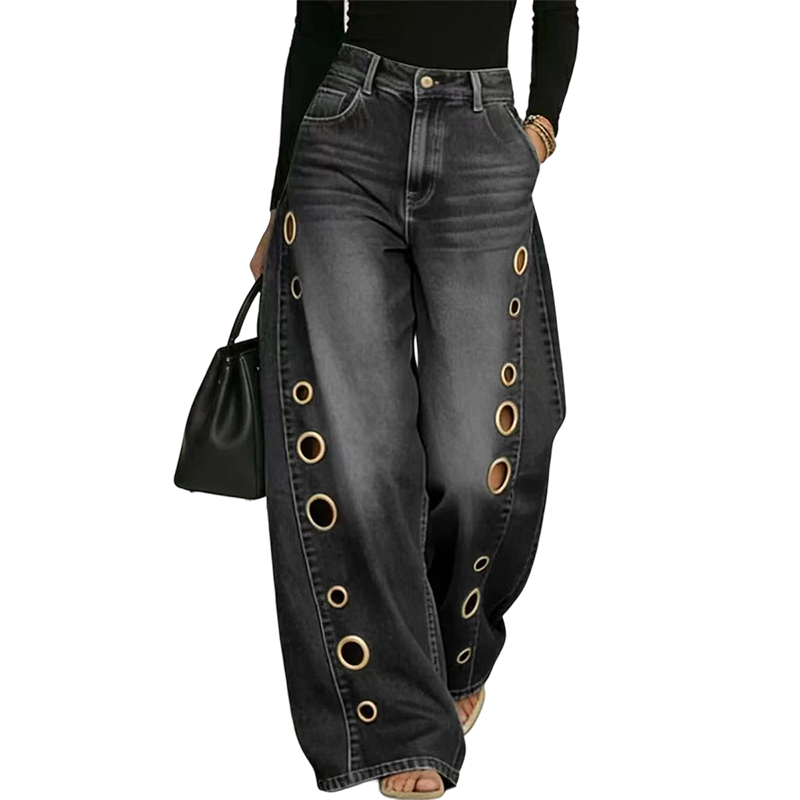 💥 ¡50% DE DESCUENTO HOY! Vaqueros Anchos de Mujer con Estilo Urbano y Detalles Metálicos 👖✨
