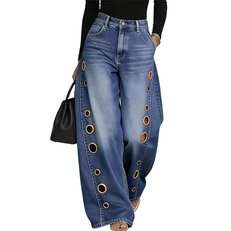 💥 ¡50% DE DESCUENTO HOY! Vaqueros Anchos de Mujer con Estilo Urbano y Detalles Metálicos 👖✨