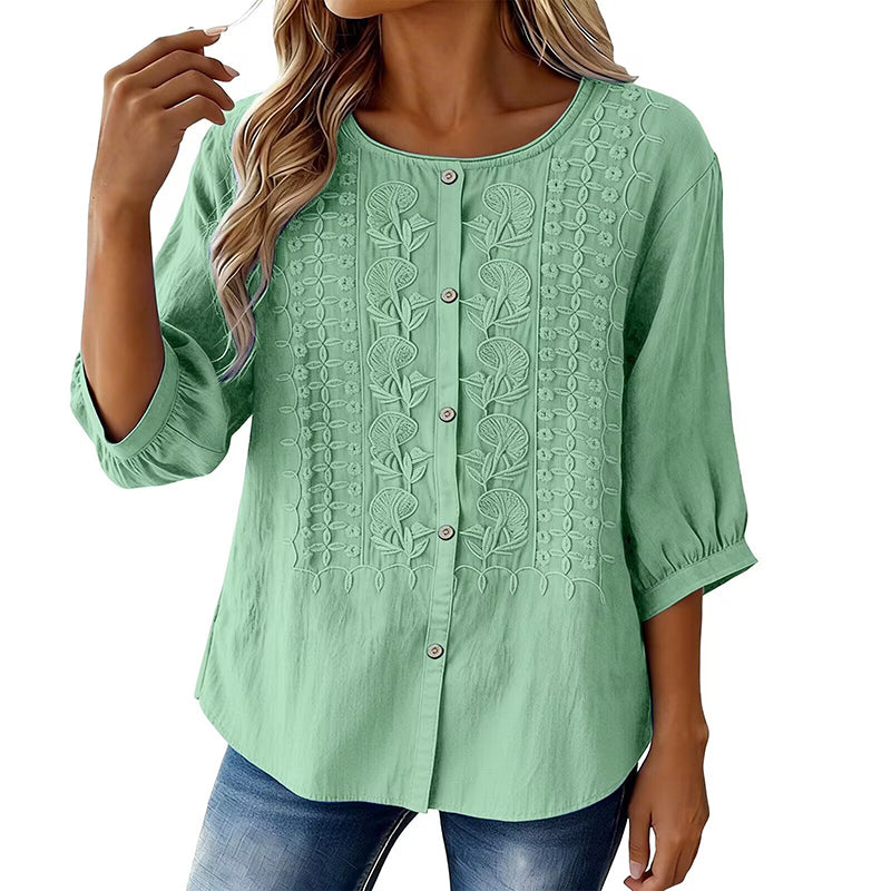 🌸🔥 ¡OFERTA RELÁMPAGO 50% OFF! Blusa Bordada de Algodón y Lino – Elegancia Natural y Frescura Total