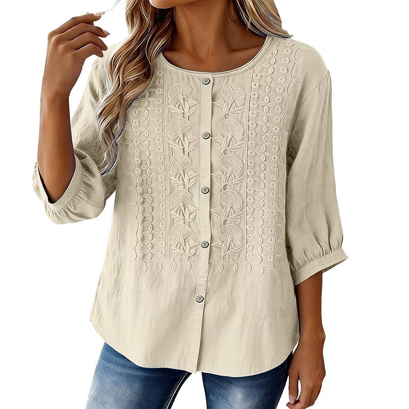 🌸🔥 ¡OFERTA RELÁMPAGO 50% OFF! Blusa Bordada de Algodón y Lino – Elegancia Natural y Frescura Total