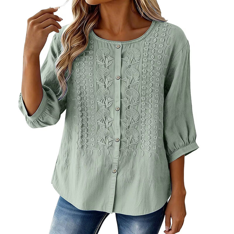 🌸🔥 ¡OFERTA RELÁMPAGO 50% OFF! Blusa Bordada de Algodón y Lino – Elegancia Natural y Frescura Total