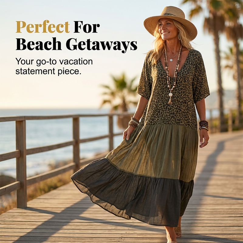 🔥✨ ¡50% OFF HOY! Vestido Maxi Bohemio con Estampado de Leopardo – Estilo Resort Elegante