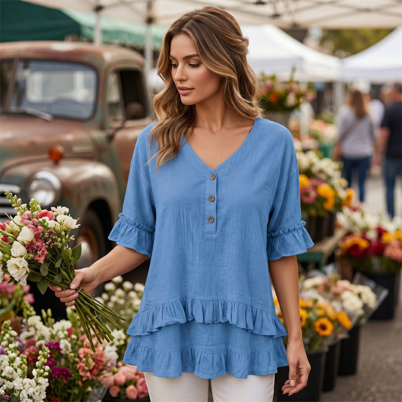✨👚 ¡OFERTA 50% OFF! Top Elegante con Escote en V y Volantes – Estilo Femenino