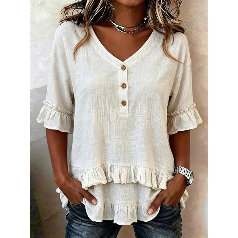 ✨👚 ¡OFERTA 50% OFF! Top Elegante con Escote en V y Volantes – Estilo Femenino
