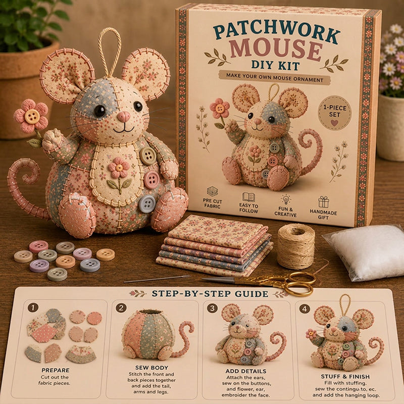 🧵🐭 ¡OFERTA 50% OFF! Kit de Costura DIY Ratón Patchwork – Creativo y Relajante ✨