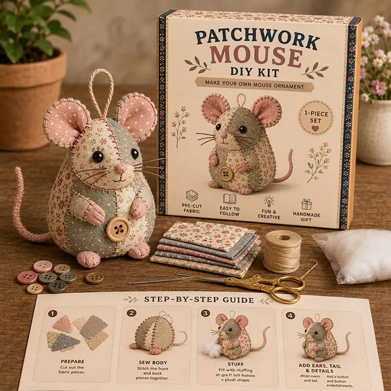 🧵🐭 ¡OFERTA 50% OFF! Kit de Costura DIY Ratón Patchwork – Creativo y Relajante ✨