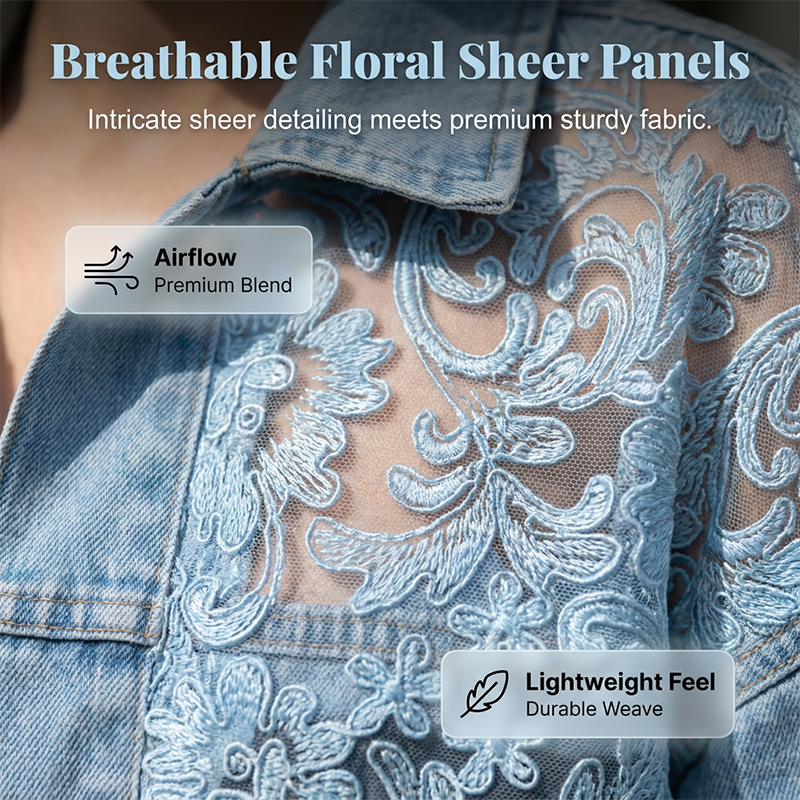 💙✨ ¡OFERTA 50% OFF! Chaqueta Vaquera con Encaje Floral – Estilo Elegante y Único