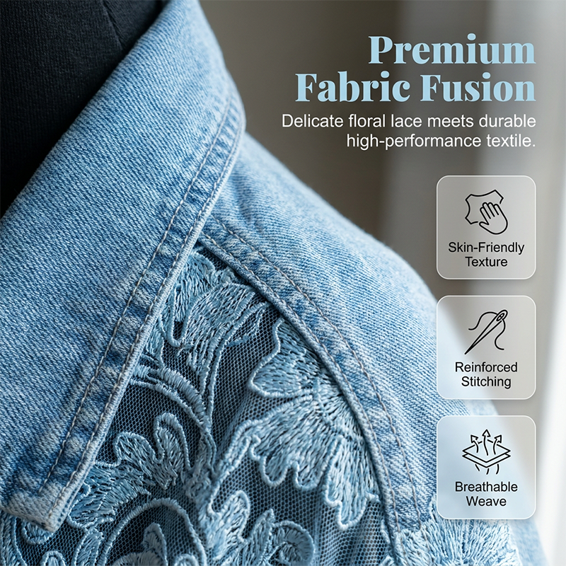💙✨ ¡OFERTA 50% OFF! Chaqueta Vaquera con Encaje Floral – Estilo Elegante y Único