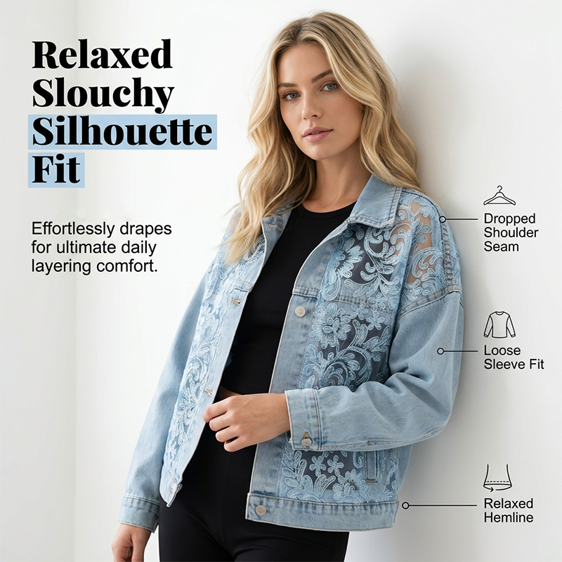 💙✨ ¡OFERTA 50% OFF! Chaqueta Vaquera con Encaje Floral – Estilo Elegante y Único