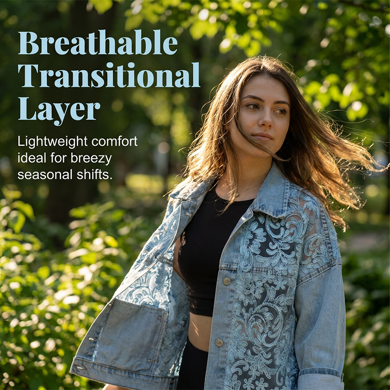 💙✨ ¡OFERTA 50% OFF! Chaqueta Vaquera con Encaje Floral – Estilo Elegante y Único