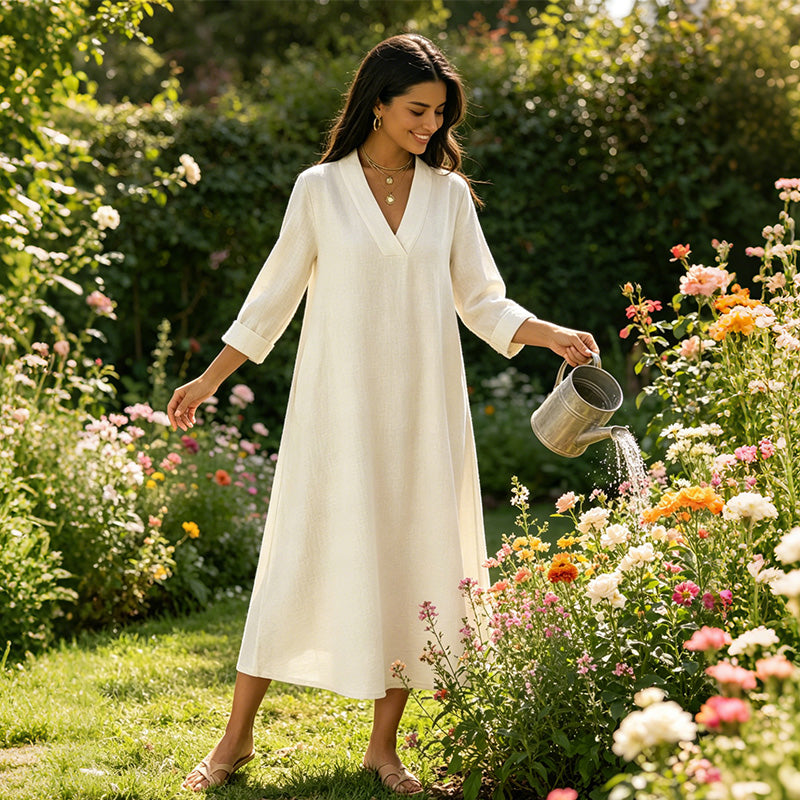🌸☀️ ¡OFERTA 50% OFF! Vestido de Algodón y Lino con Cuello en V – Fresco y Elegante