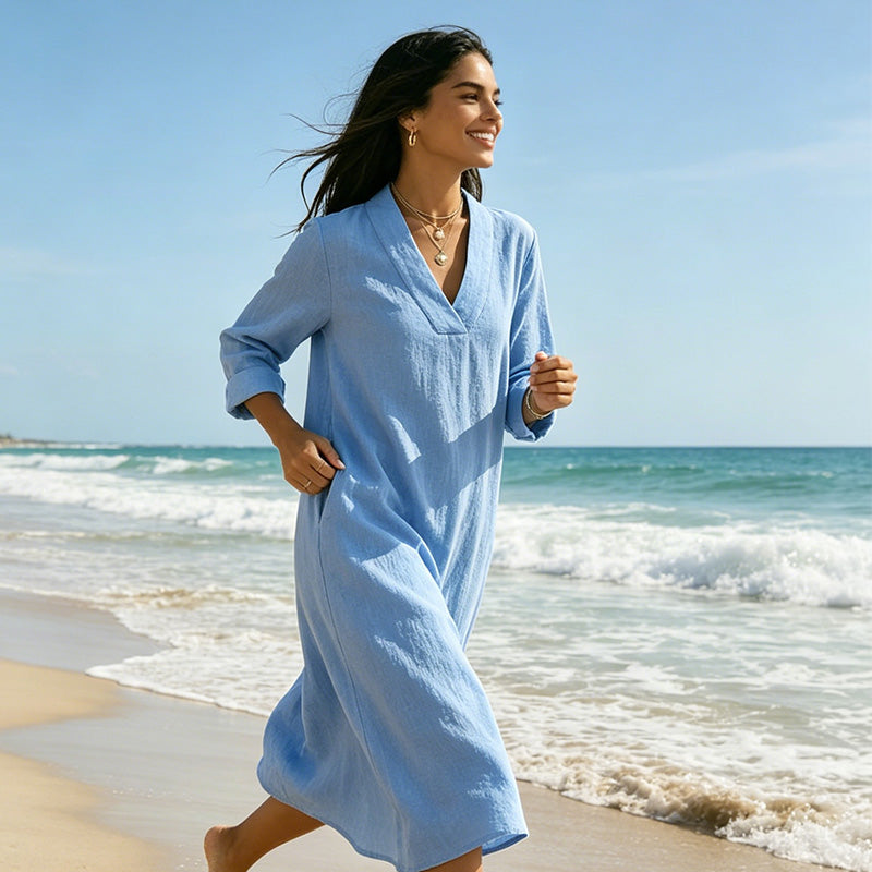 🌸☀️ ¡OFERTA 50% OFF! Vestido de Algodón y Lino con Cuello en V – Fresco y Elegante