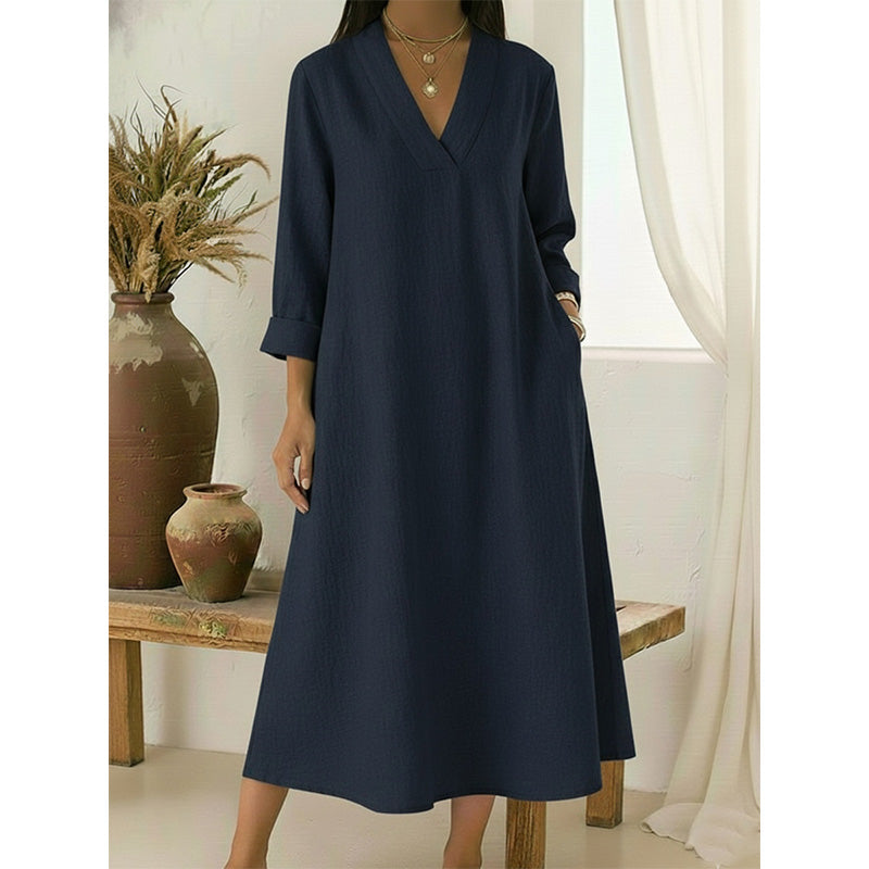 🌸☀️ ¡OFERTA 50% OFF! Vestido de Algodón y Lino con Cuello en V – Fresco y Elegante