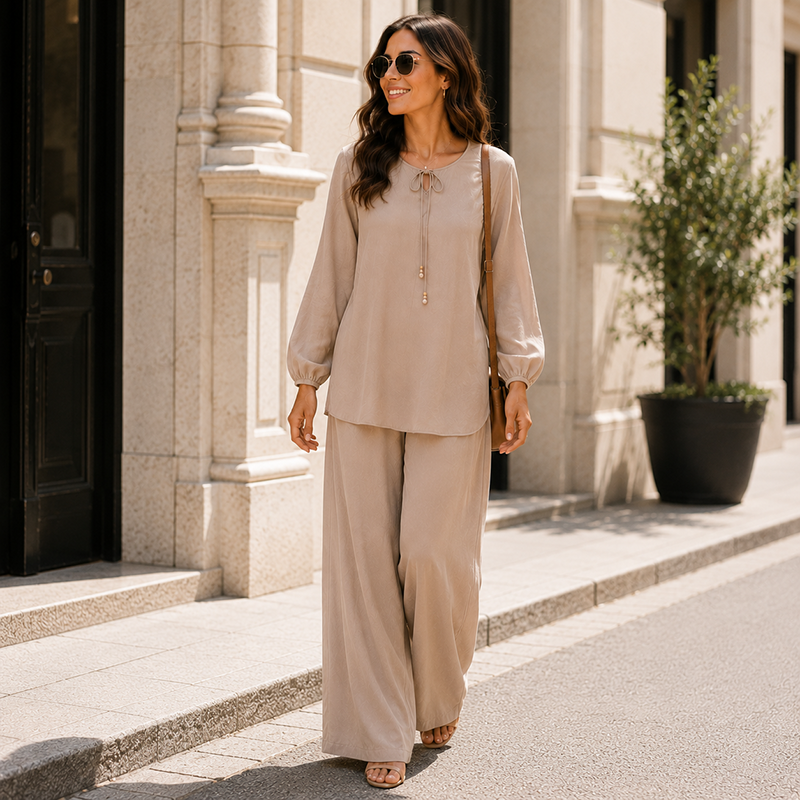 ✨🌸 ¡OFERTA 50% OFF! Conjunto Elegante 2 Piezas con Cuello de Lazo – Comodidad y Estilo