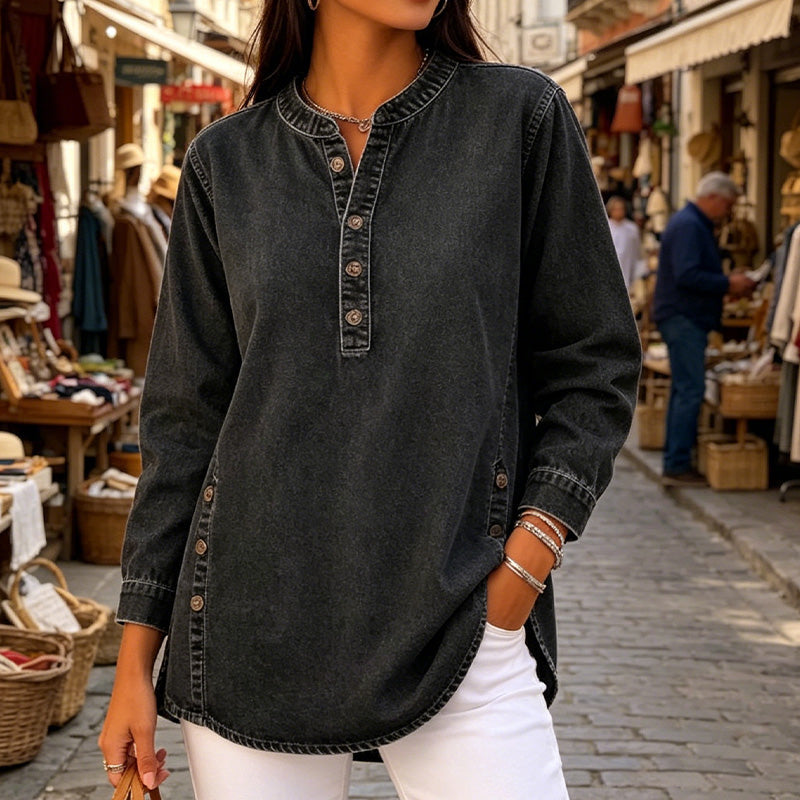 💙✨ ¡OFERTA 50% OFF! Camisa Holgada con Cuello en V – Estilo Elegante y Casual